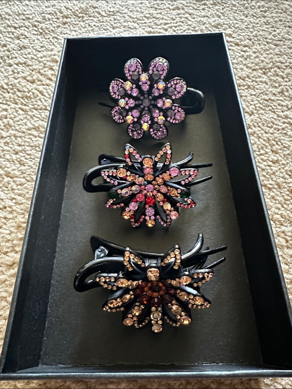 Crystal Flower Hair Clips - Purple, Multicolor, and Gold